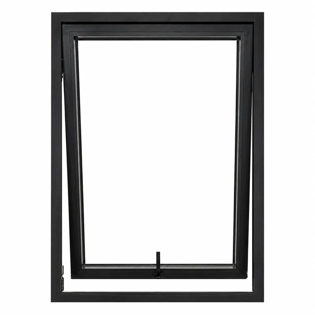 Awning window above fixed glass, sash open outward