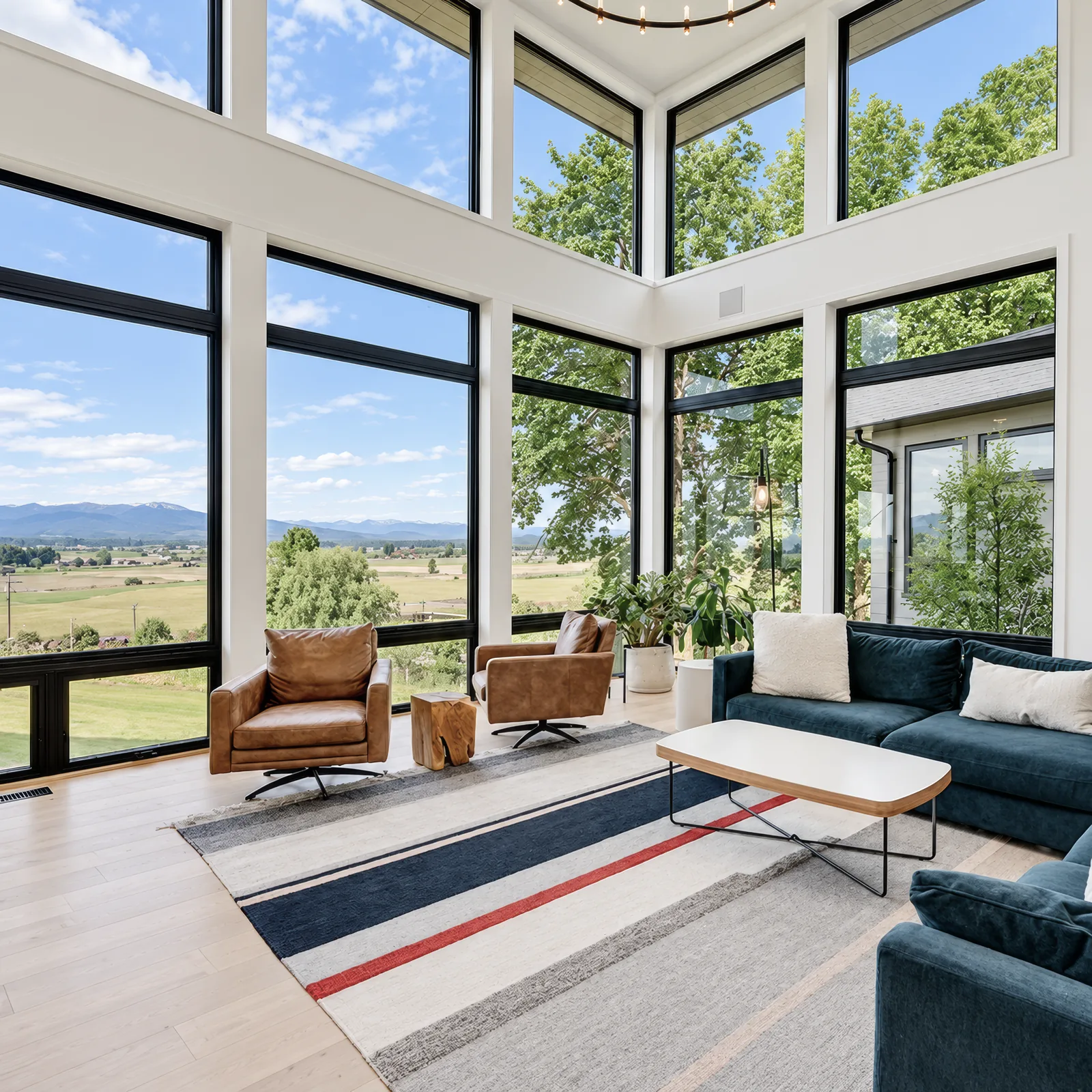 Large black-framed fixed window with an uninterrupted garden view