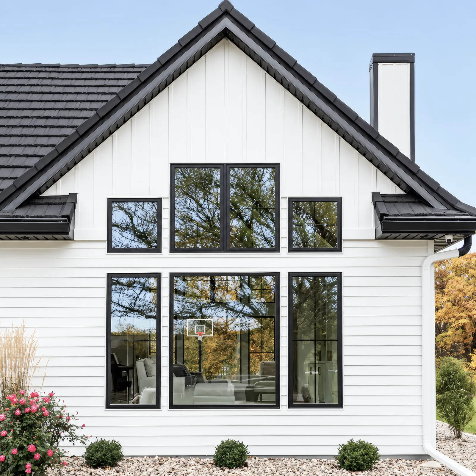 Elevation with fixed and operable windows joined in one black frame