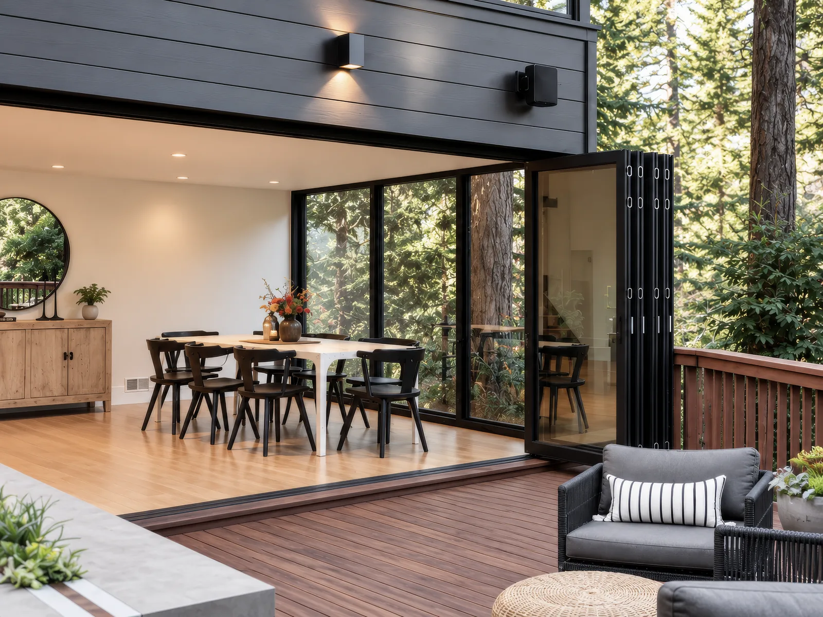 Bifold doors, panels folded and stacked
