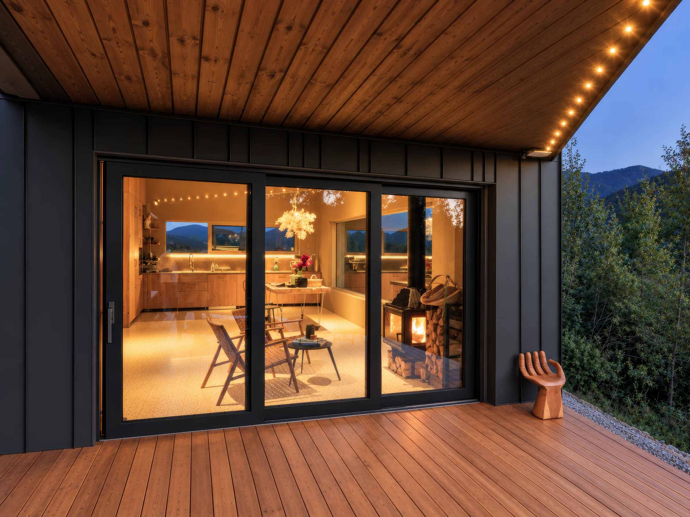Wide black-framed sliding glass door opening onto a patio