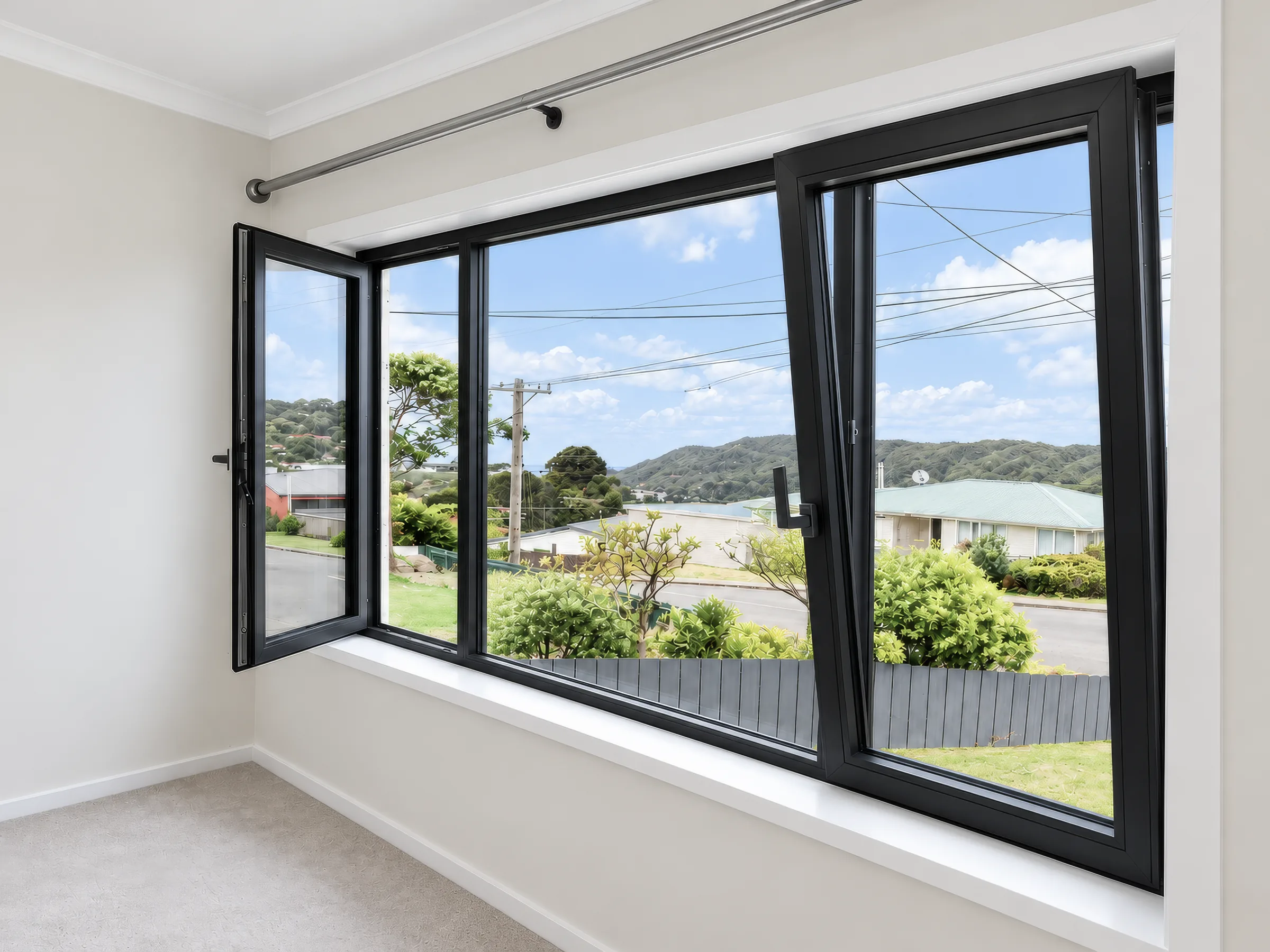 Black aluminum tilt-turn window with the sash tilted in at the top