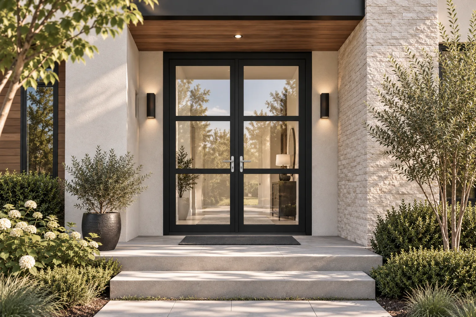 Black double entry door with four-lite glass