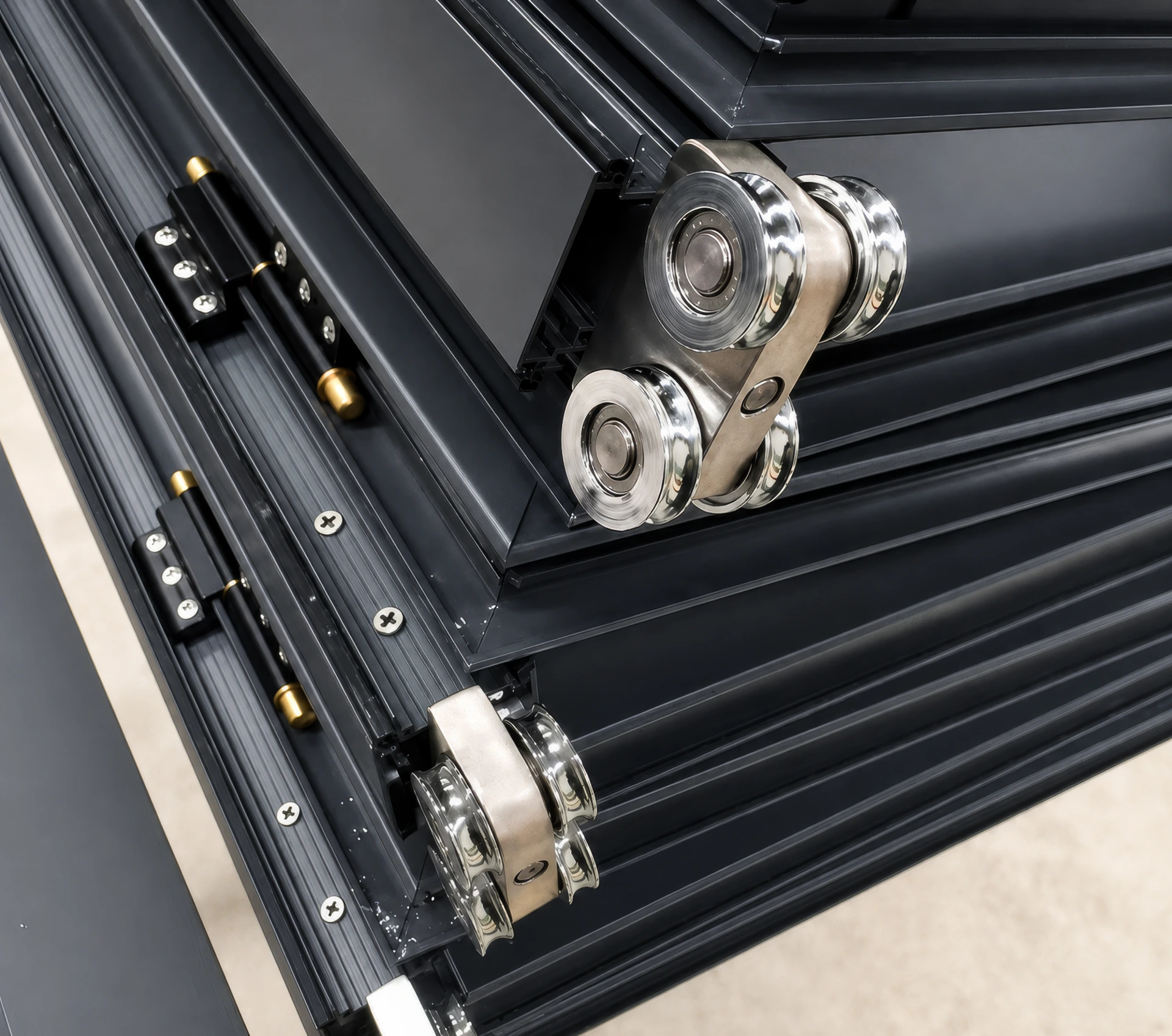 Close-up of a closed bifold door showing the frame with no visible hinges