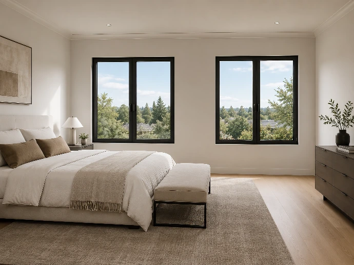Bedroom casement with the sash swung fully open, egress-size opening