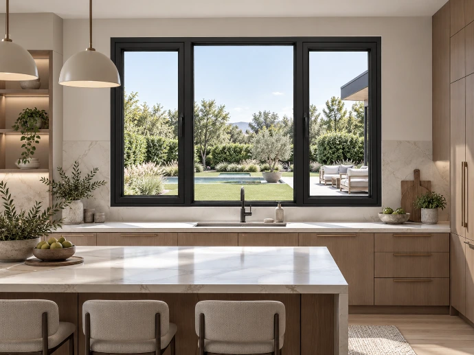 Casement window over a kitchen counter, opened by its lever handle