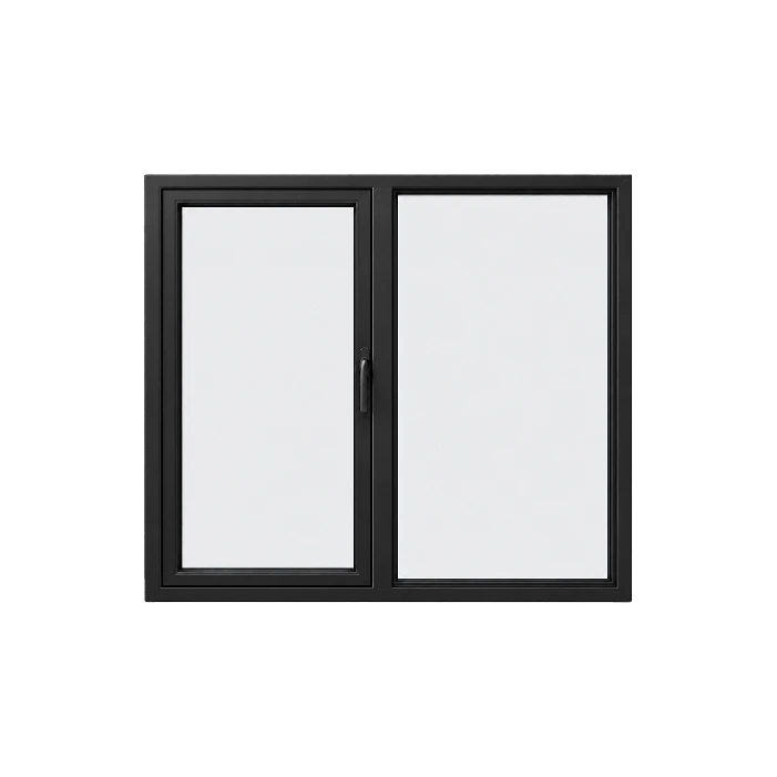 Wide fixed window beside an open casement in one black frame